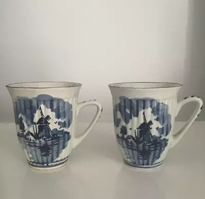 Buy Vintage Pair Of Delft Holland Hand Painted Blue/White Windmill Ribbed Cups • 15£