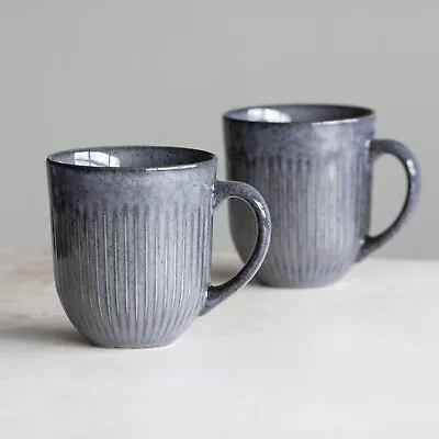 Buy Set Of 2 Coffee Mugs 400ml Dark Grey Blue Tint Ribbed Stoneware Glazed Tea Cups • 17£