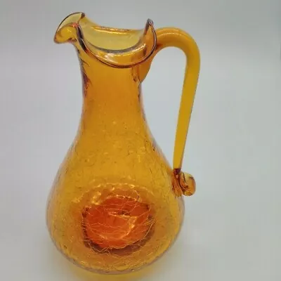 Buy Vintage Pilgrim Crackle Glass Pitcher Vase Amber  Hand Blown Applied Handle • 14.24£