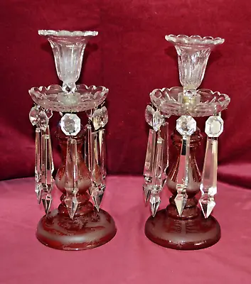 Buy Antique Victorian Ruby Etched Glass Lustre Candlesticks Pair Of • 229£