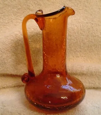 Buy Vintage Small Amber  Orange Hand Blown Crackle Glass Pitcher Applied Handle • 8.69£