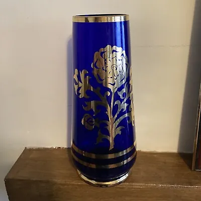 Buy Cobalt Blue Glass Vase With A Floral And Gold Design • 15£