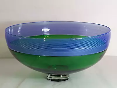 Buy 27 Cm Bob Crooks British Studio Threaded Glass Footed Green & Blue Bowl Signed • 150£