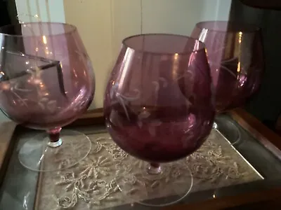 Buy VINTAGE CRANBERRY ETCHED GLASS 14.5 Cm BRANDY BALLOON GLASS 3 AVAILABLE • 9£