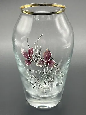 Buy Vintage Bohemian Crystal Glass Vase Pink Orchids Gold Rim Czech Republic • 10.99£
