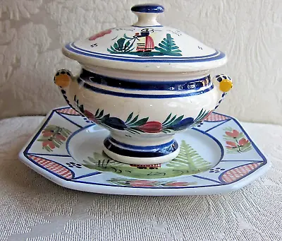 Buy Quimper Breton Woman Henriot COVERED ONION SOUP MINI TUREEN AND Plate • 90.13£