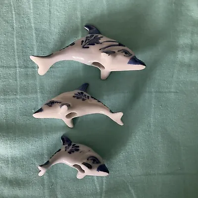 Buy Trio Of Dutch Delft Style Blue & White China Floral Pattern Dolphins • 10£