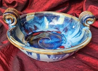 Buy Steve Woodhead Studio Pottery Blue Glaze Ceramic Handled Bowl Hand Built W22.5cm • 55£