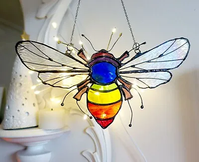 Buy STAINED GLASS  Rainbow Bumble Bee Suncatcher Ornament By Violet Flame Glass Art • 95£