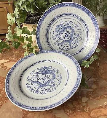 Buy A Pair Of Vintage Chinese Blue & White Dragon Plates With Rice Pattern Borders • 6.99£