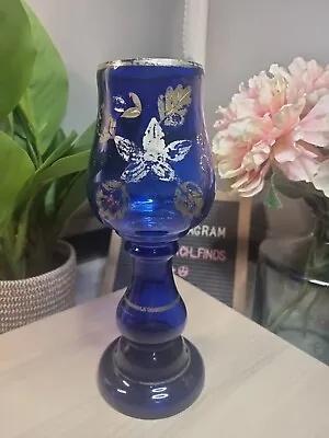 Buy Vintage Handmade Hand Painted Floral Cobalt Blue Glass Czech Tall Vase - 11'' • 6£