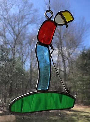 Buy Vintage Stained Glass Leaded Sun Catcher Blue/Red Golf Player Ornament Hanging • 14.40£