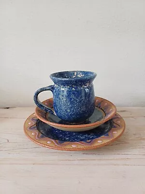 Buy Kalahari South African Pottery Signed Plate Cup And Saucer Trio Zig Zag Blue Set • 142.26£