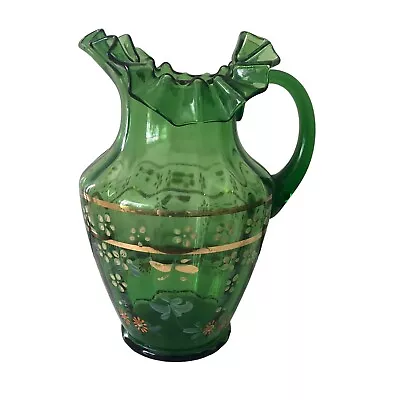 Buy Antique Green Glass Ruffled Crimped Water Lemonade Pitcher Enameled Flowers 10” • 60.48£
