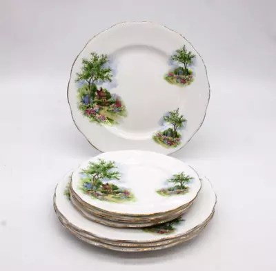 Buy QUEEN ANNE Tudor Cottage Set Of 8 Plates Fine Bone China Vintage Side / Cake • 4.99£
