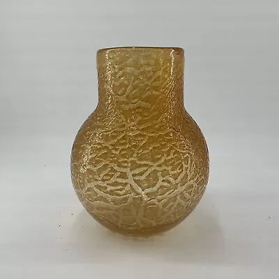 Buy Vtg Hand Blown Amber Glass Vase Bulbous Rolled Fritt Texture 7.5” High Yellow • 28.76£