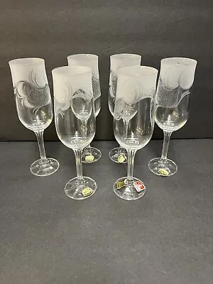 Buy 6 Vtg CZECH BOHEMIAN HAND ETCHED CHAMPAGNE FLUTE WINE GLASSES NOS Crystal Glass • 75.60£