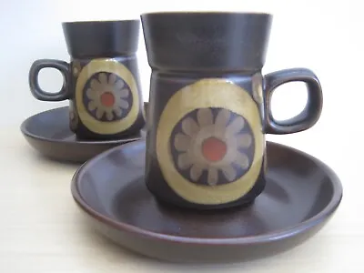 Buy 2 X 1960s Vintage Denby Pottery Stoneware Arabesque Coffee Cups & Saucers (A) • 14£