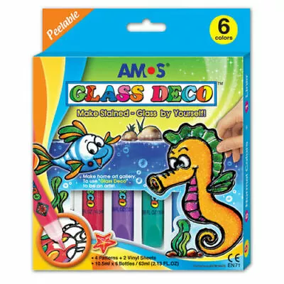 Buy Amos Tubes Peelable Glass Art Deco Stained Glass Paint Window Kit 6 Colours 10P6 • 6.99£