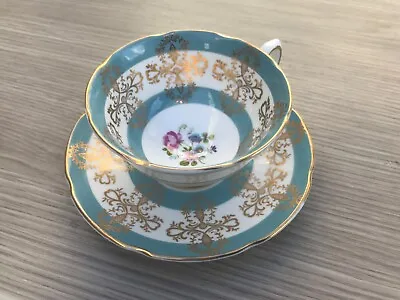 Buy Royal Grafton, Bone China. Teacup And Saucer. White/turquoise With Gold • 5.99£