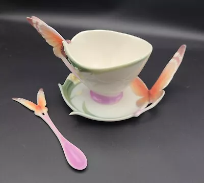 Buy Franz Jen Woo Signed Butterfly Tea Cup Teacup Saucer Spoon Mint Xp1693 Set 3 • 73.57£