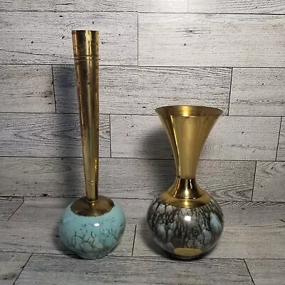 Buy Set Of 2 Vintage Hand Painted DELFT Holland Delftware Brass Vases 6 H & 8.25 H • 13.77£