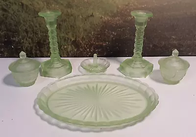 Buy Vintage Art Deco Green Uranium Glass 8 Piece Dressing Table Set Candlesticks • 19.90£