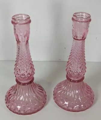 Buy Pair Of Pink Pressed Glass Candle Holders • 18.99£