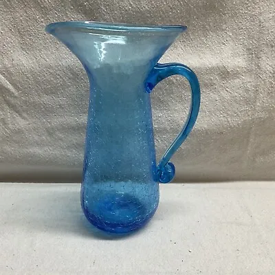 Buy Vintage Blenko Crackle Glass Pitcher Vase Blue W/ Applied Handle • 34.71£