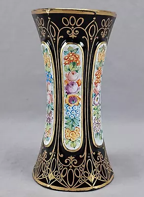 Buy Antique Bohemian Hand Enameled Floral & Gold Scrollwork Ruby Glass Vase B • 62.34£