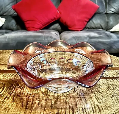 Buy Vintage Indiana KINGS CROWN  11” Ruffled Cranberry Crimped Thumb Print Bowl • 48.66£