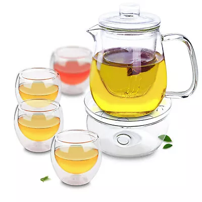 Buy 6in1 Tea Set - 750ml Heat Resistant Glass Teapot +4x Double Wall Cups + Warmer A • 40.12£