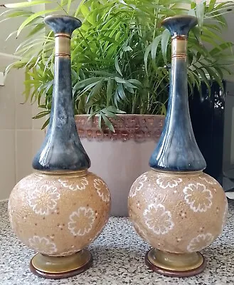Buy Pair Antique Royal Doulton Stoneware Long Neck Vases Floral Design • 180£