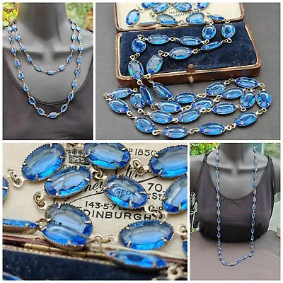 Buy Czech Art Deco Long Bezel Set Sapphire Blue Open Back Glass Vintage Necklace • 62£