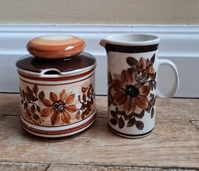 Buy Vintage Jersey Pottery Brown & Cream Floral Design Small Jug & Preserve Pot Jar • 4.99£