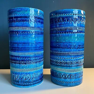 Buy Pair 2  X  Vintage Bitossi Rimini Blu Blue Large Cylinder Vases By Aldo Londi • 195£