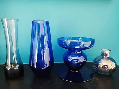 Buy Vintage Cobalt Blue Glass Candle Holder Vase, Blue Scent Bottle Smokey Blue Vase • 2.99£
