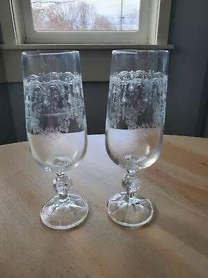 Buy Set Of 2 Assoc CASCADE Etched Crystal Champagne Flutes Ball Stem • 9.59£
