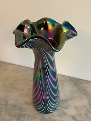 Buy Iridescent Art Glass Vase Art Nouveau Shape & Peacock Blues Greens Purples OKRA • 75£