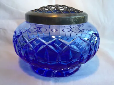 Buy Vintage Blue Cut Glass Rose Bowl With Metal Frog - Possibly Caithness ? • 11.99£