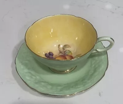 Buy Paragon Fine Bone China Peach Fruit Yellow + Green Embossed Tea Cup + Saucer Set • 118.59£