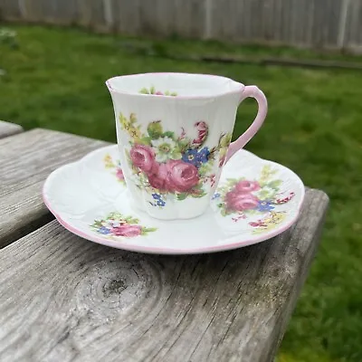 Buy Shelley Fine Bone China Floral Pattern Demitasse Dainty Cup & Saucer Pink Handle • 24.99£