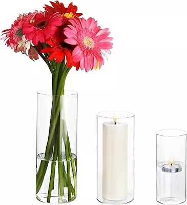 Buy 3 Pack Hurricane Glass Cylinder Tea Light Candle Holder Set • 14.99£