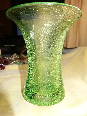 Buy Antique Art Deco Green Crackle Glass Trumpet Shape Vase - Blown Glass 15cm High • 25£