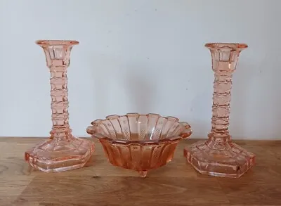 Buy Pair Of Vintage Art Deco Pink Glass Candelsticks And Bowl  • 24.99£