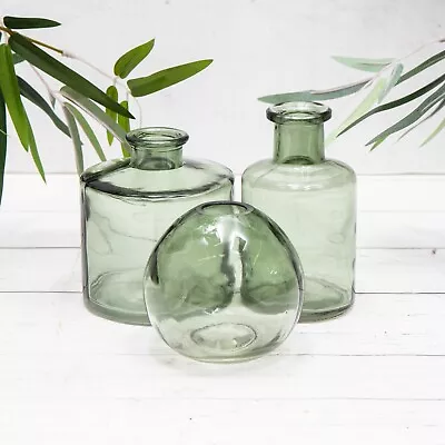 Buy Set Of 3 Vintage Green Glass Bottles Mini Small Bud Vases Ribbed Flower Holders • 12.75£