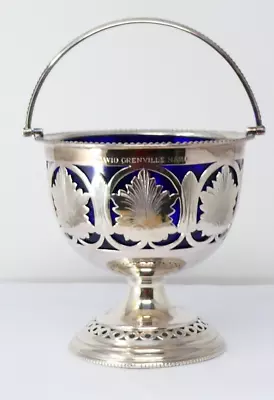 Buy Ornate Sugar Bowl Silver Plated Swing Handled With Cobalt Blue Glass Liner 1920s • 8£