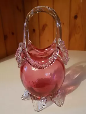 Buy HAND BLOWN CRANBERRY GLASS BASKET VASE ON LEGS - FRILLY EDGE+CLEAR HANDLE - 20cm • 14£