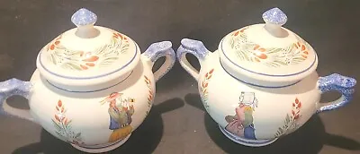 Buy 2x Vintage HB Quimper France Breton Man & Woman Sugar Bowl With Lid Two Handled • 14£