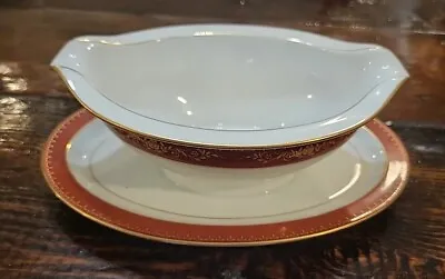 Buy Noritake China Goldhill  Gravy Boat With Attached Underplate Gold Red Vintage • 8.29£